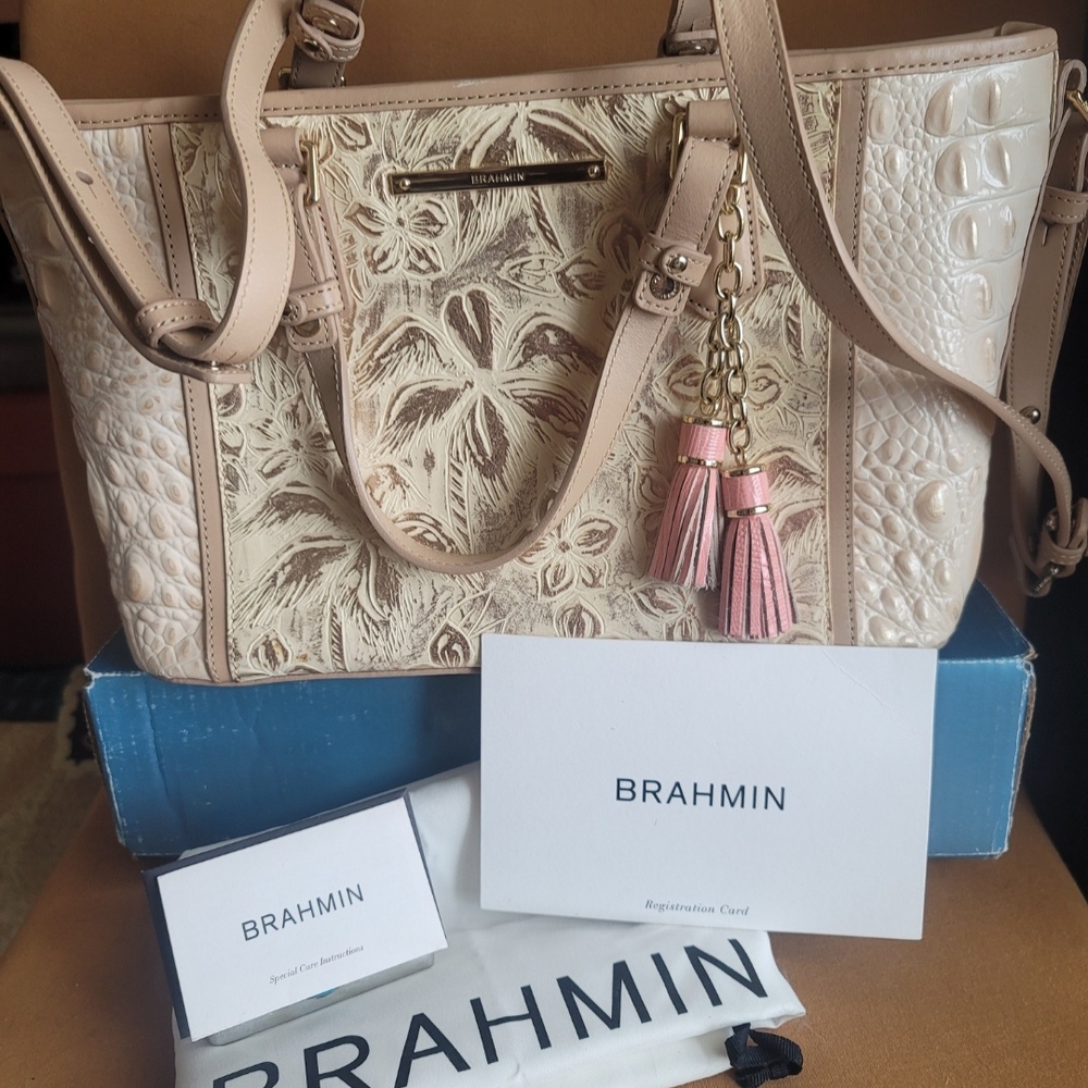 AS NEW AUTH BRAHMIN MINI ASHER CREME ESTE LEATHER CROC CROSS BODY PURSE BAG TOTE